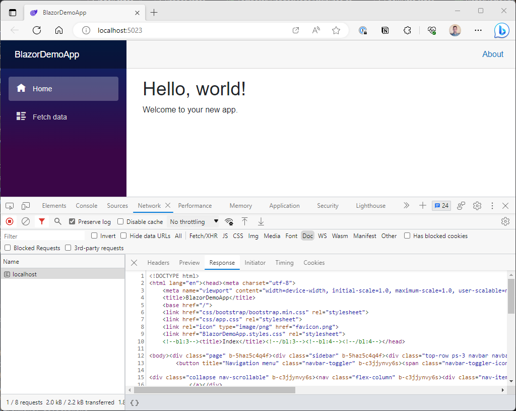 A browser window showing a simple Hello World page. The Dev Tools are open which show the request to localhost, and some plain HTML that has been returned in the response