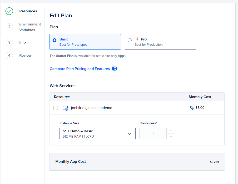 Digital Ocean basic plan selection