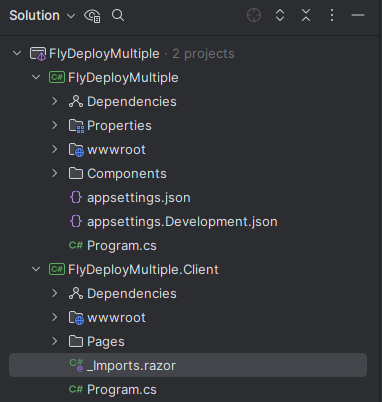 Visual Studio solution explorer showing multiple project structure