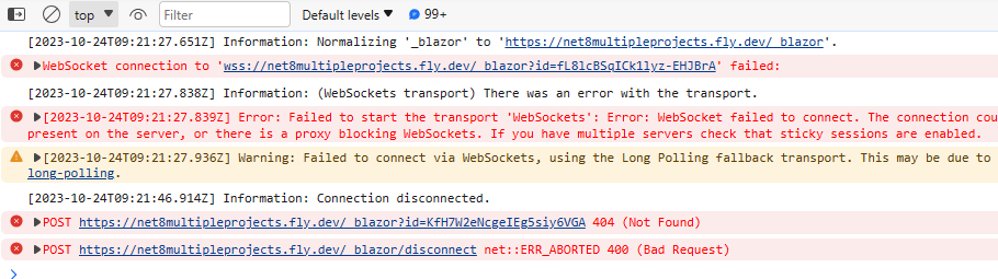 Browser console showing server errors