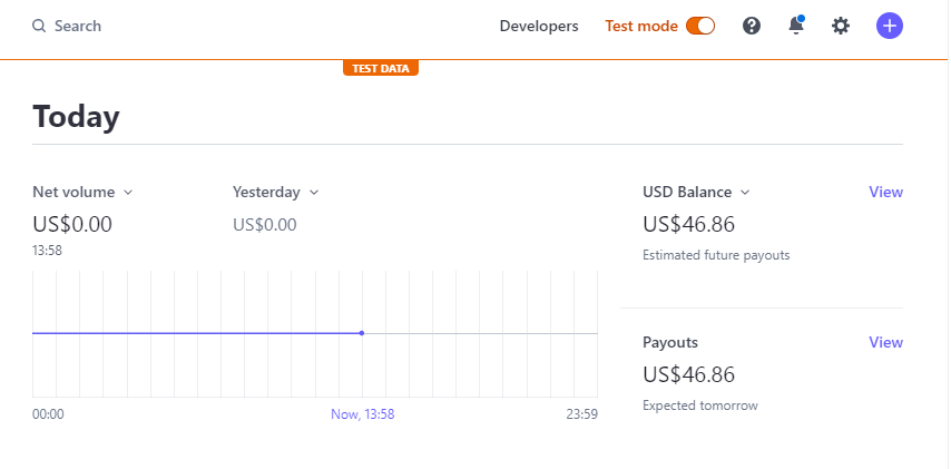 Stripe dashboard showing test mode toggle